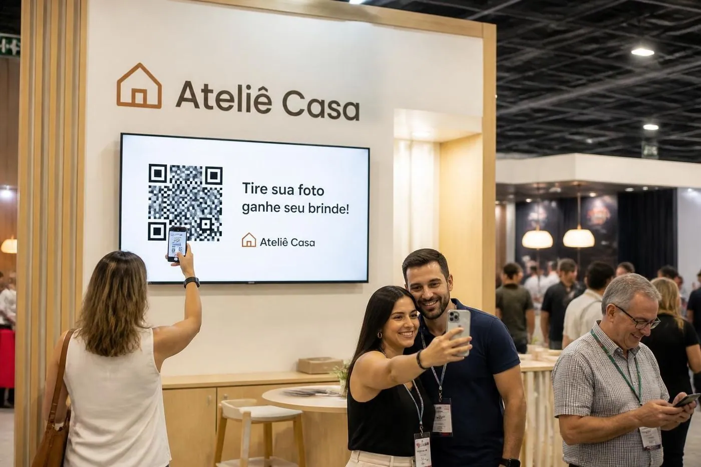 Estande numa feira com uma TV embutida mostrando o QR code e a frase Tire sua foto, ganhe seu brinde, e visitantes usando o próprio celular