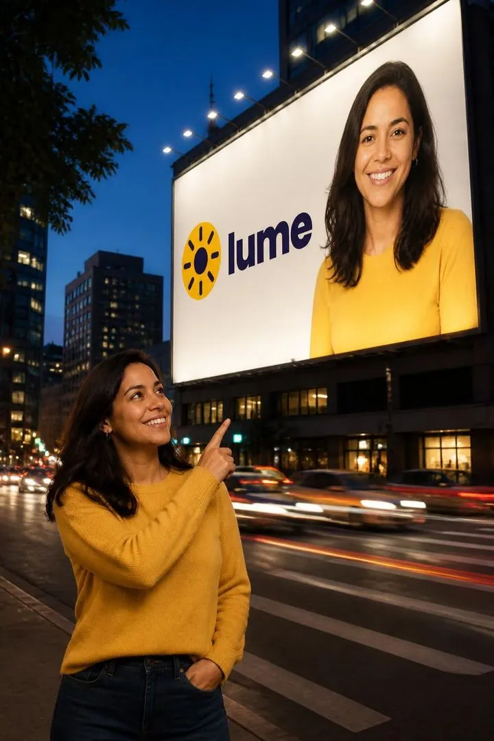 No outdoor da marca: exemplo de foto 10x15 criada com IA, com a marca fictícia lume na cena
