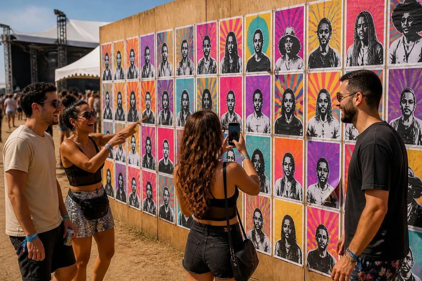 Muro de um festival com fileiras de pôsteres lambe-lambe A3, todos do mesmo tamanho, e pessoas apontando para os seus