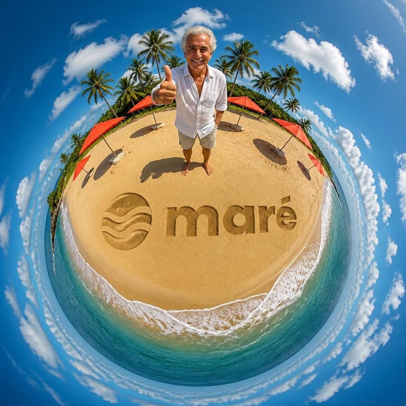 A praia da marca: mini planeta com a marca fictícia maré